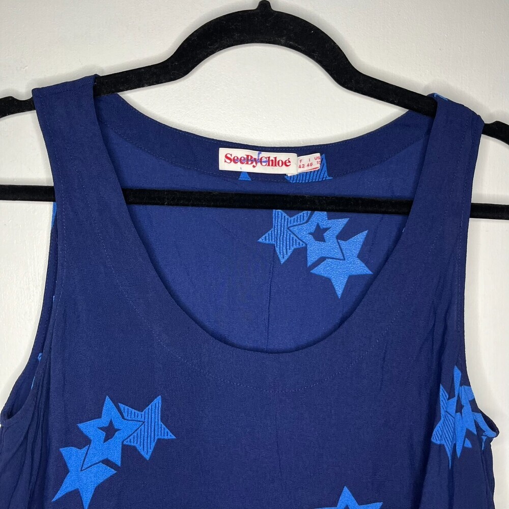 See By Chloe Womens Short Tank Set 10 Blue Viscose Bermuda Lined Stars Relaxed - Picture 7 of 16